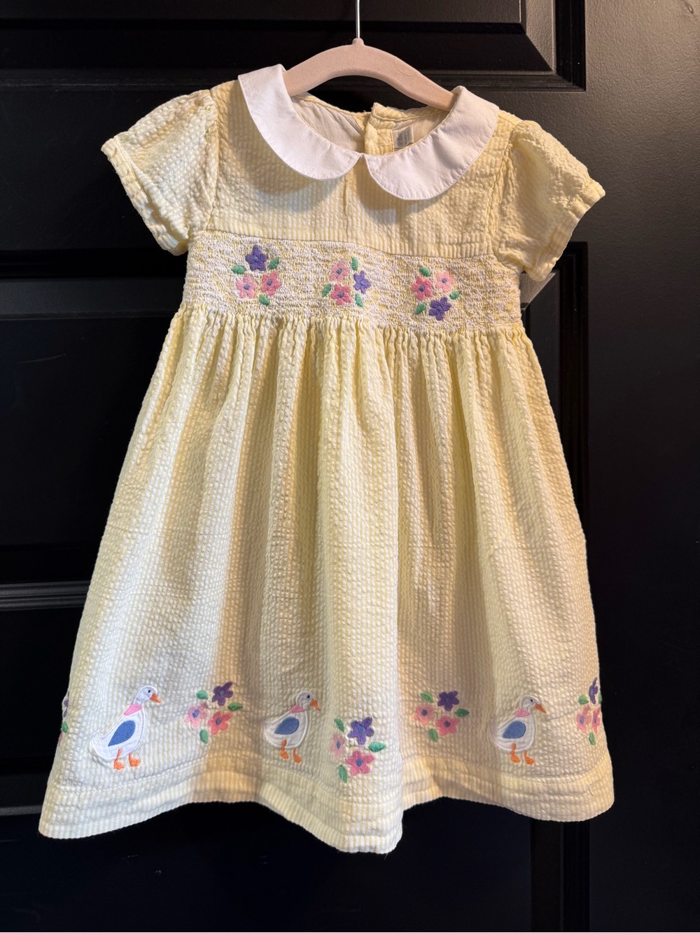 JoJo Maman Bebe Pale Yellow Peter Collar Smocked Dress with Bird Motif